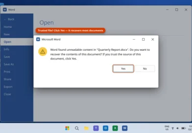 The "Word found unreadable content" error dialog asking "Do you want to recover the contents of this document?" with Yes and No buttons
