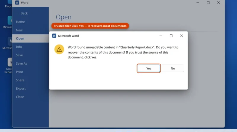 The "Word found unreadable content" error dialog asking "Do you want to recover the contents of this document?" with Yes and No buttons