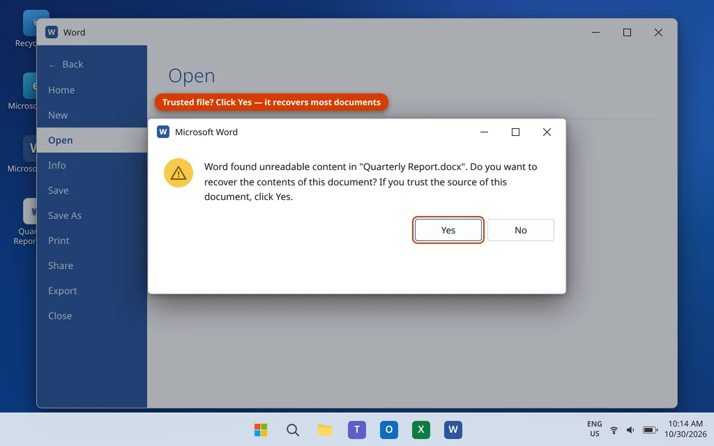 The "Word found unreadable content" error dialog asking "Do you want to recover the contents of this document?" with Yes and No buttons