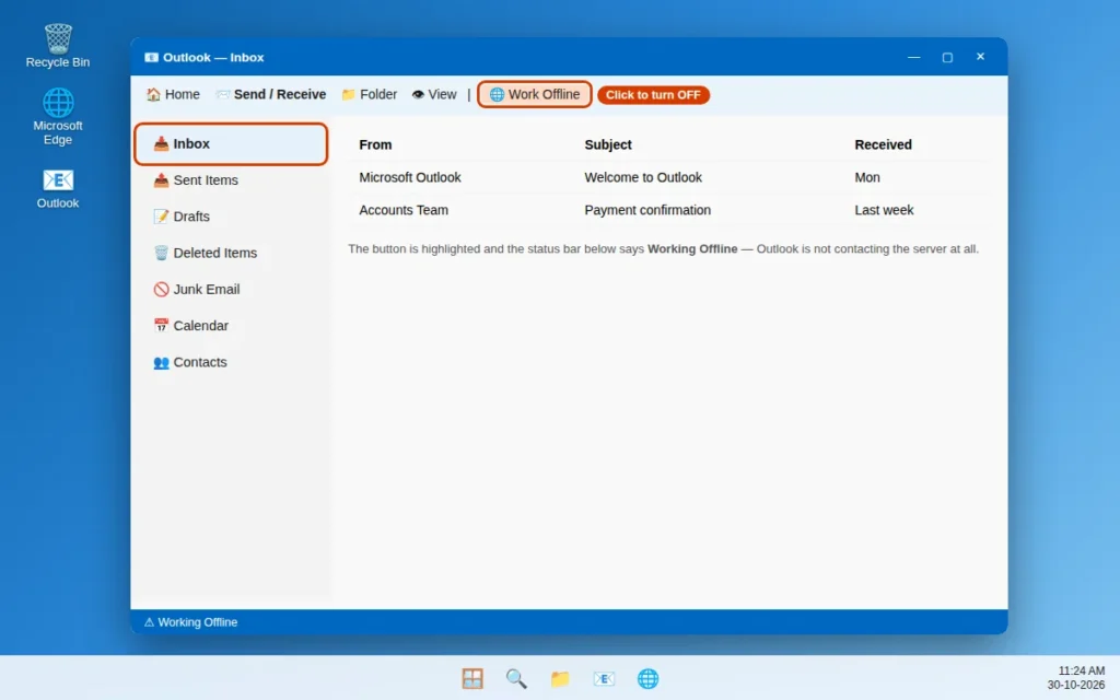 Work Offline button on the Send Receive tab in Classic Outlook with Working Offline shown in the status bar