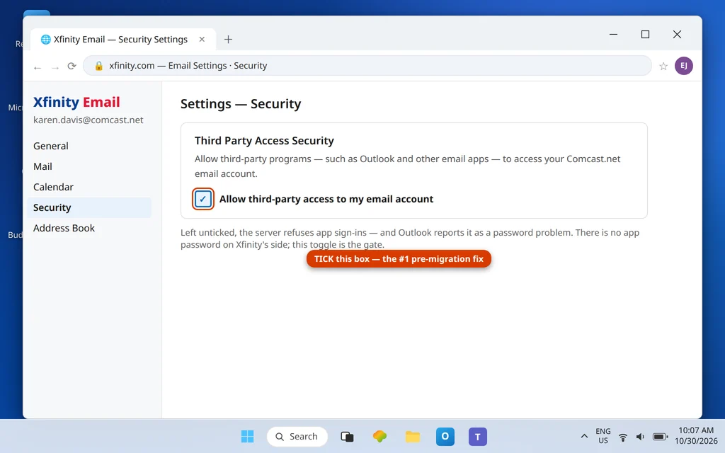 Xfinity Email settings Security page showing the Third Party Access Security checkbox that allows Outlook and other third-party programs to access Comcast email