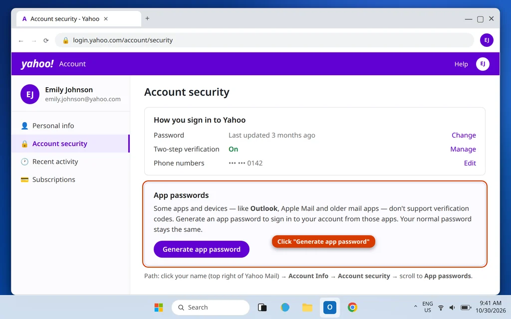 Yahoo Account Security page with the App passwords section and Generate app password button