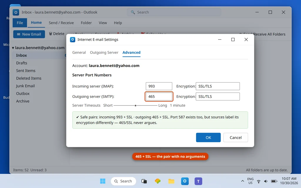 Outlook Advanced settings for Yahoo showing incoming port 993 SSL and outgoing port 465 SSL