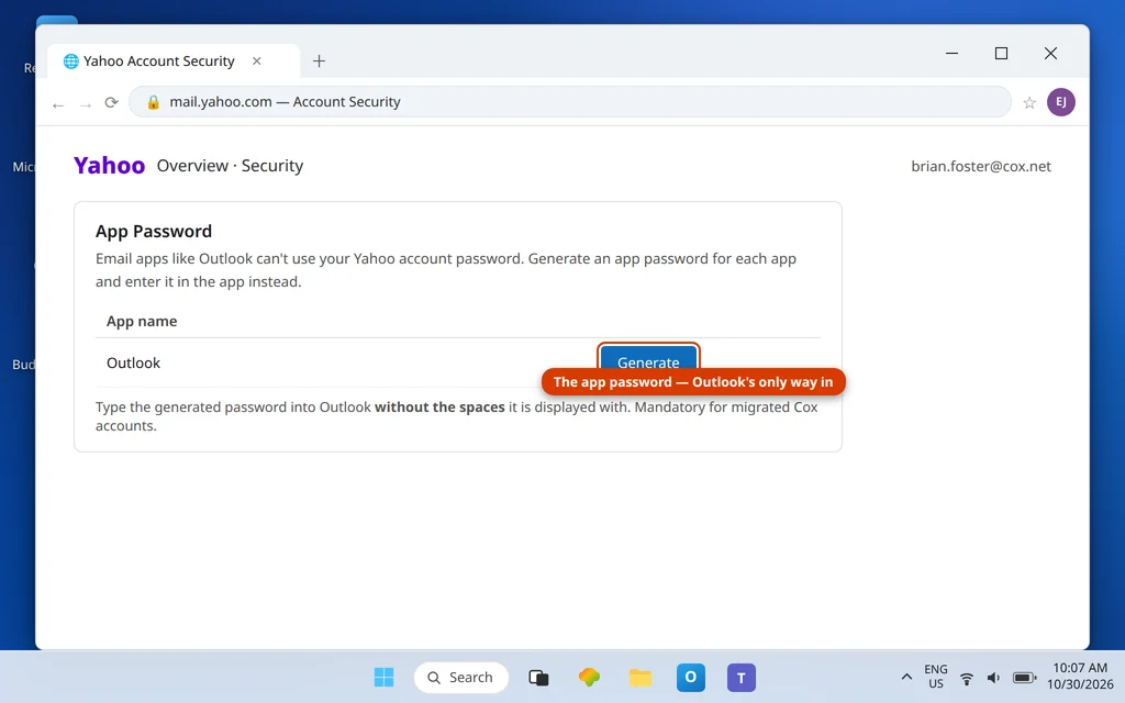 Yahoo account security page showing App Password generation for the migrated cox.net account to use in Outlook
