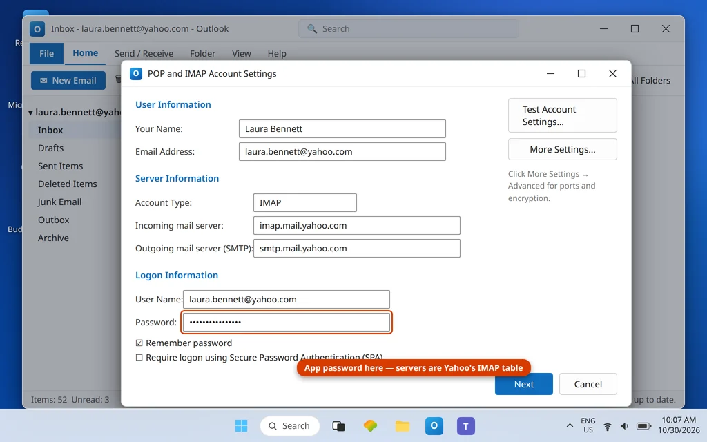 Classic Outlook account settings for a Yahoo account showing imap.mail.yahoo.com and the Yahoo app password in the password field