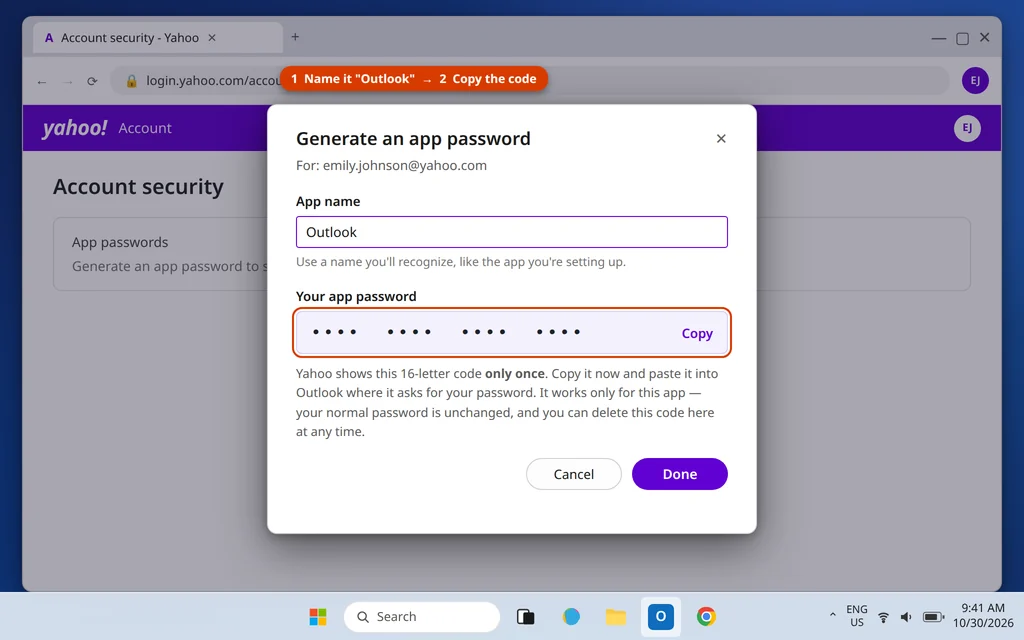 Yahoo Generate an app password dialog with the app named Outlook and the code ready to copy