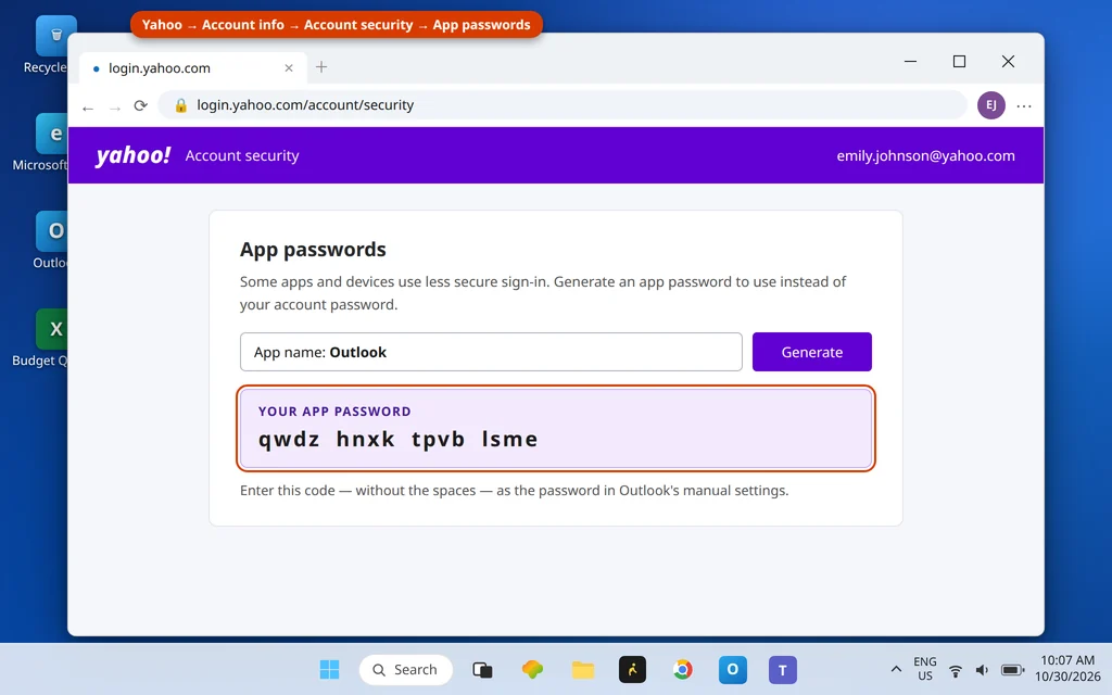 Yahoo Account security page with Generate app password for Outlook