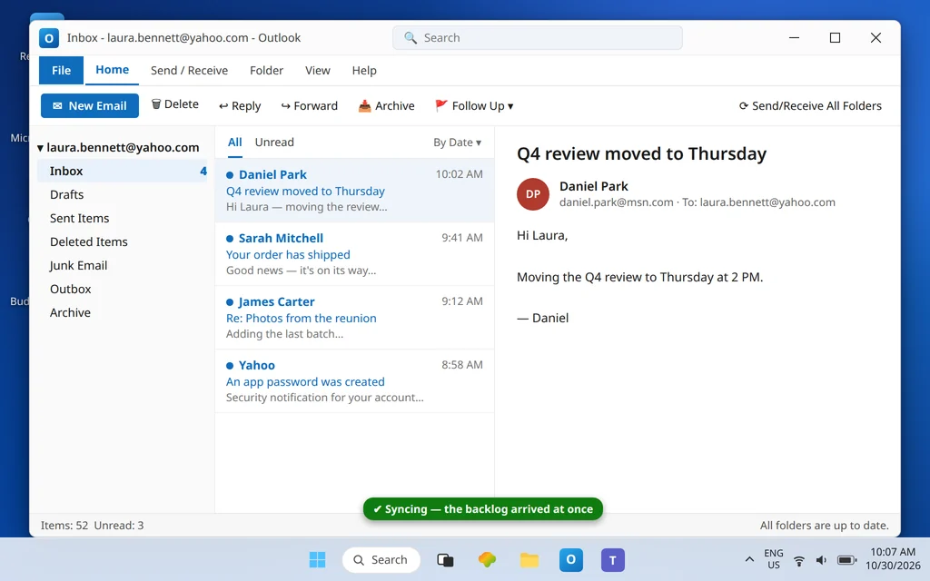 Classic Outlook Yahoo inbox up to date and syncing normally with new mail arriving after the app password was entered