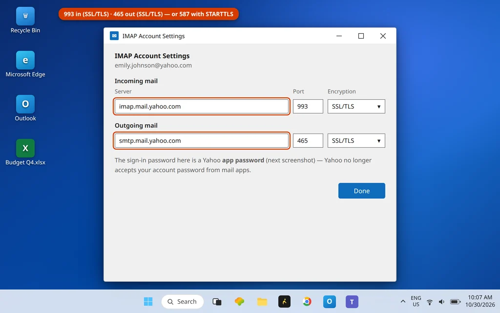 Manual account settings showing imap.mail.yahoo.com 993 SSL and smtp.mail.yahoo.com 465 SSL/TLS