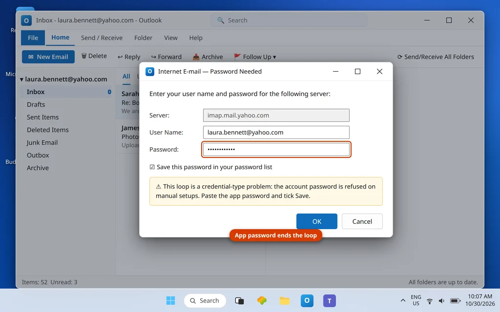 Outlook password prompt for imap.mail.yahoo.com where the Yahoo app password must be entered instead of the account password