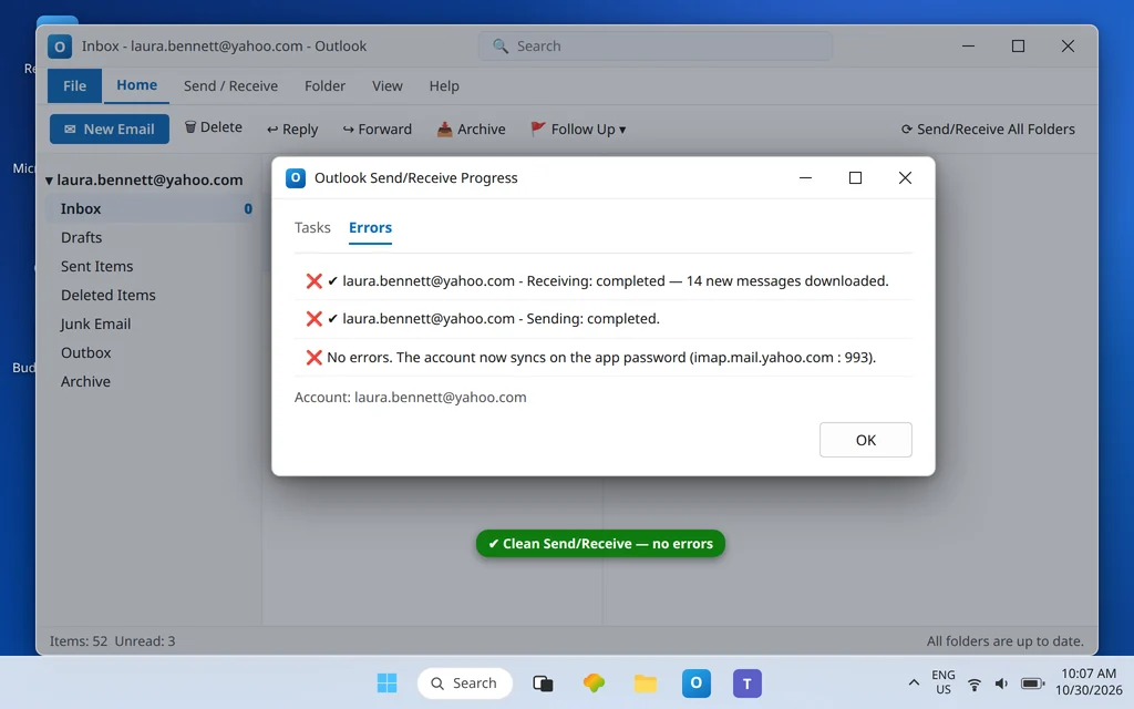 Outlook Send Receive progress for the Yahoo account completing without errors after the app password fix