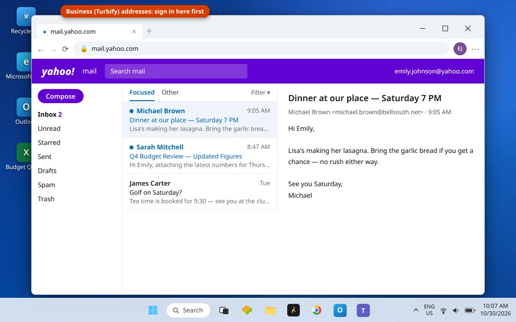 Yahoo Mail webmail open and signed in in the browser before adding the account to Outlook